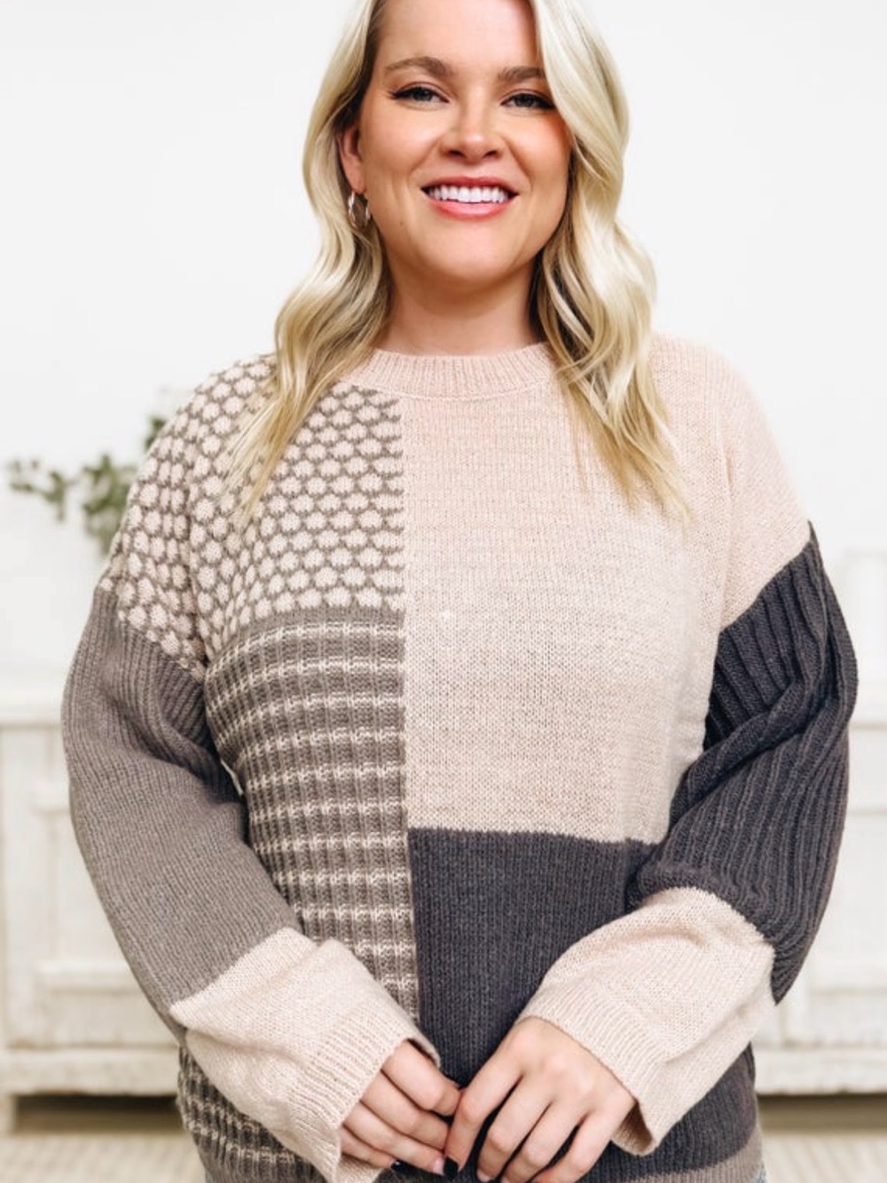 BiBi Patchwork Knit Sweater in Cream and Charcoal colors. - Picture 3 of 13